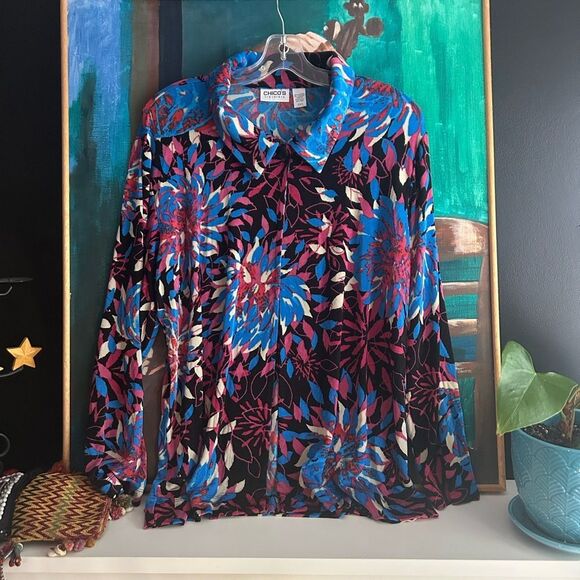 Chico's Bold Blue and Pink Floral Button Down Shirt Size 3 - Picture 2 of 16
